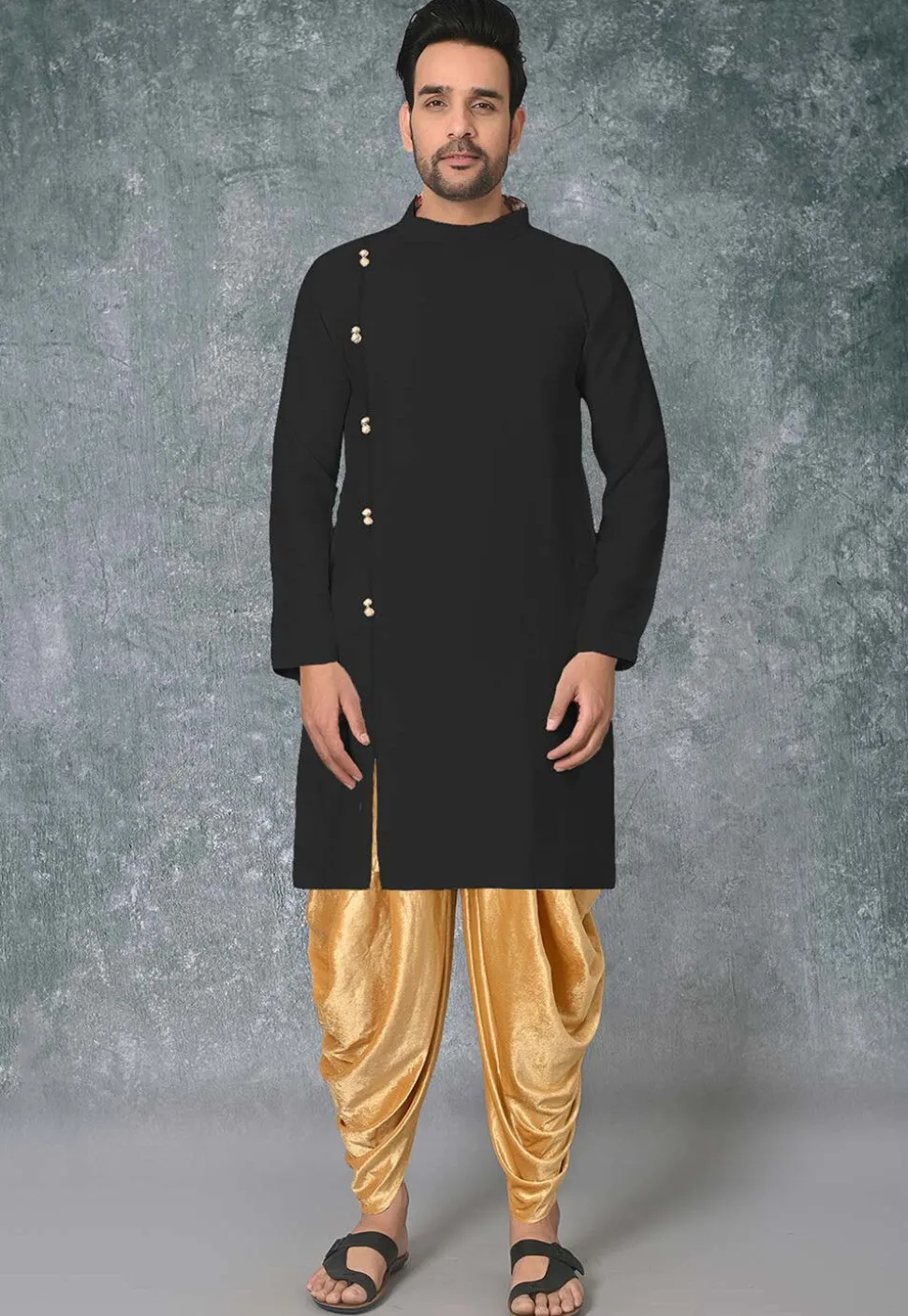 Solid Color Cotton Silk Side Open Straight Kurta in Black