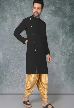 Solid Color Cotton Silk Side Open Straight Kurta in Black