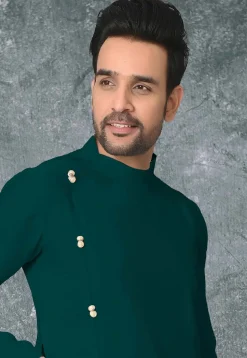 Solid Color Cotton Silk Side Slit Kurta in Dark Green