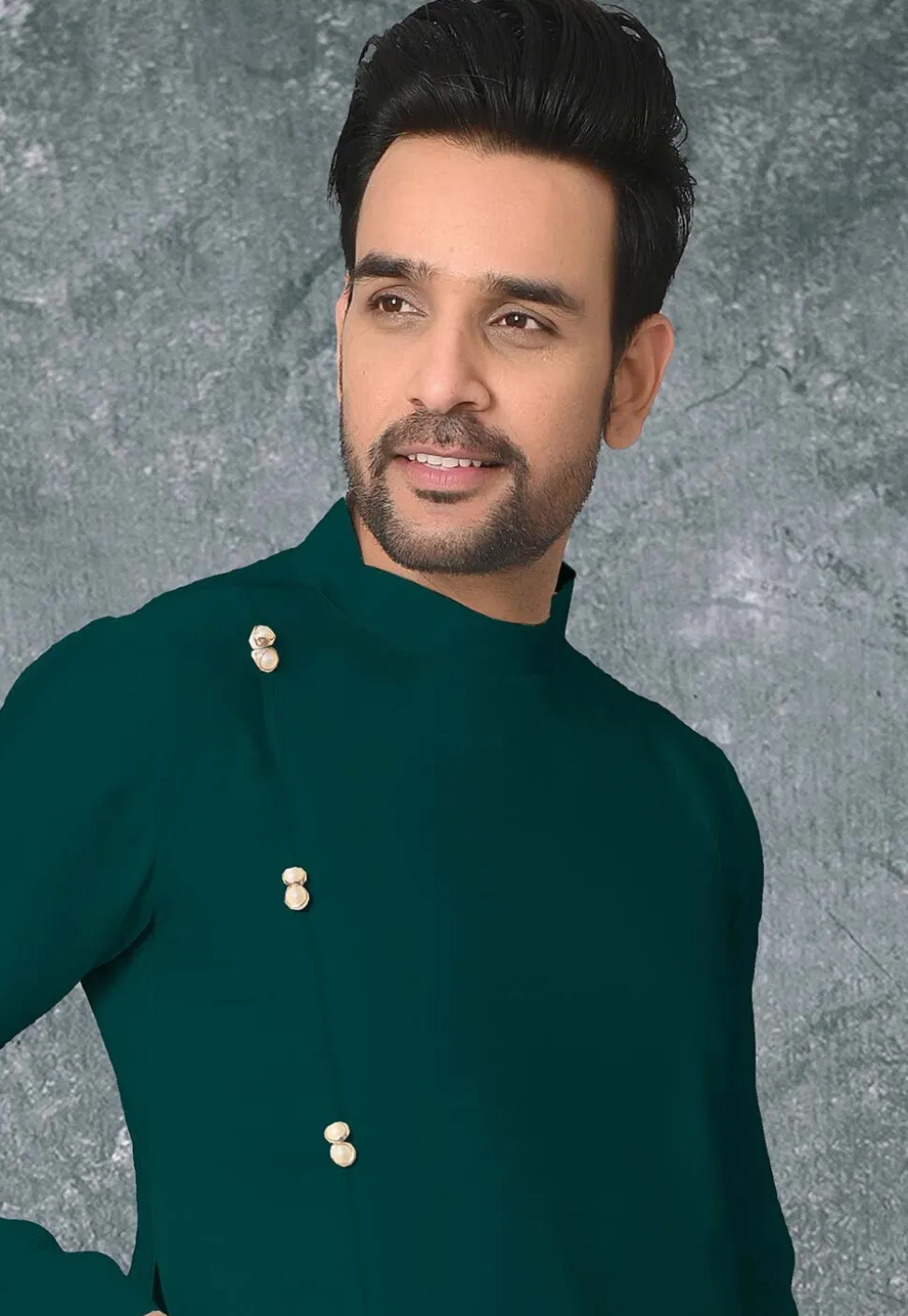 Solid Color Cotton Silk Side Slit Kurta in Dark Green