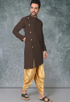 Solid Color Cotton Silk Side Slit Asymmetric Kurta in Brown
