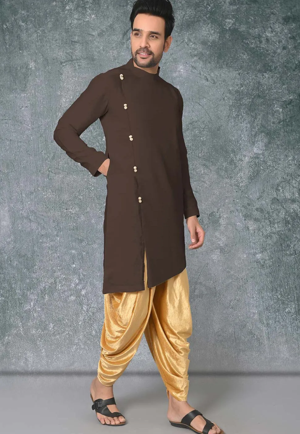 Solid Color Cotton Silk Side Slit Asymmetric Kurta in Brown