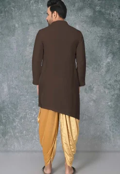 Solid Color Cotton Silk Side Slit Asymmetric Kurta in Brown