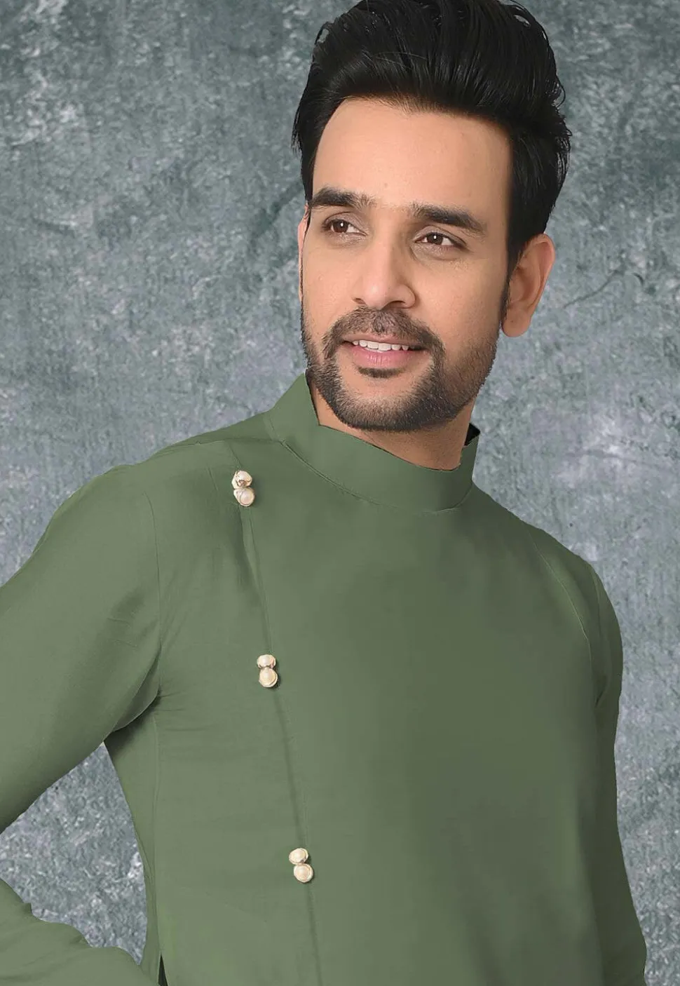 Solid Color Cotton Silk Side Slit Kurta in Dusty Green