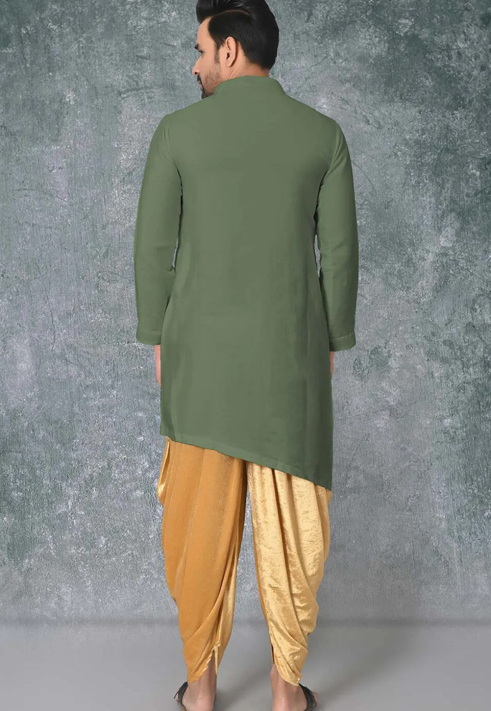 Solid Color Cotton Silk Side Slit Kurta in Dusty Green