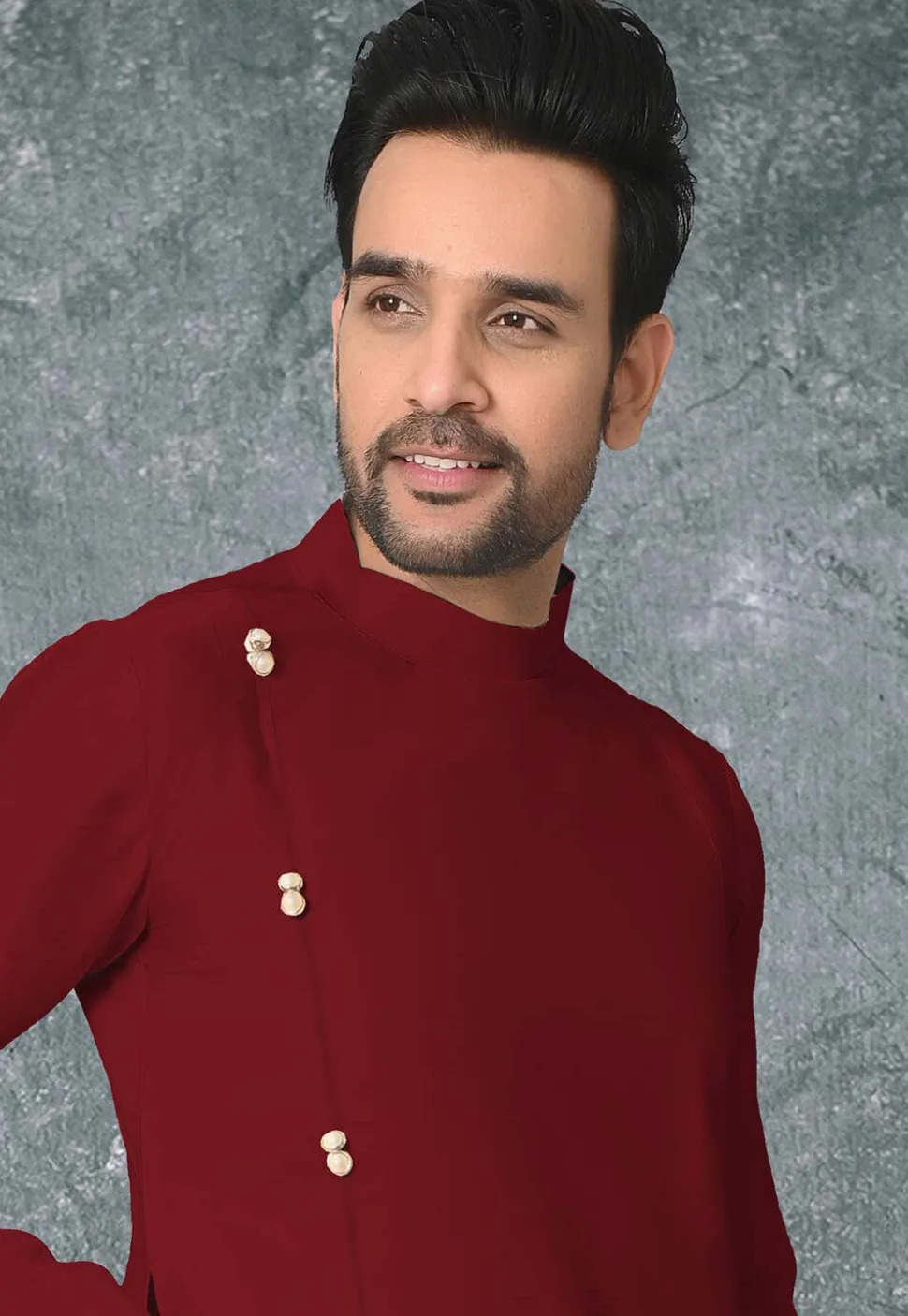 Solid Color Cotton Silk Side Slit Asymmetric Kurta in Maroon
