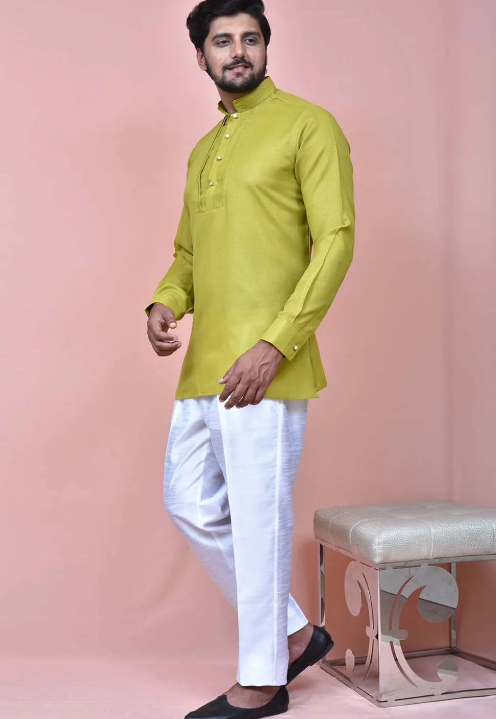 Solid Color Cotton Silk Short Kurta in Olive Green