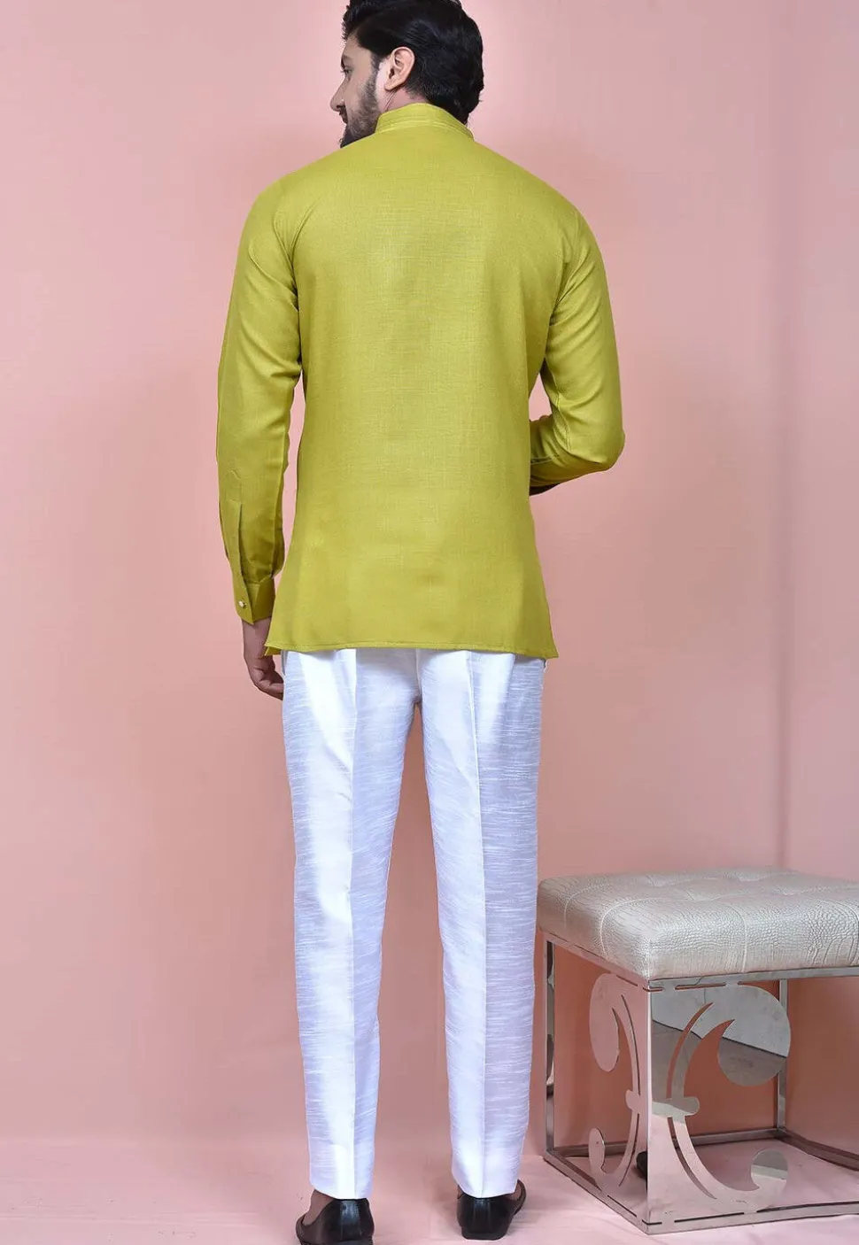Solid Color Cotton Silk Short Kurta in Olive Green