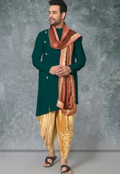 Solid Color Cotton Silk Side Slit Asymmetric Kurta in Dark Green