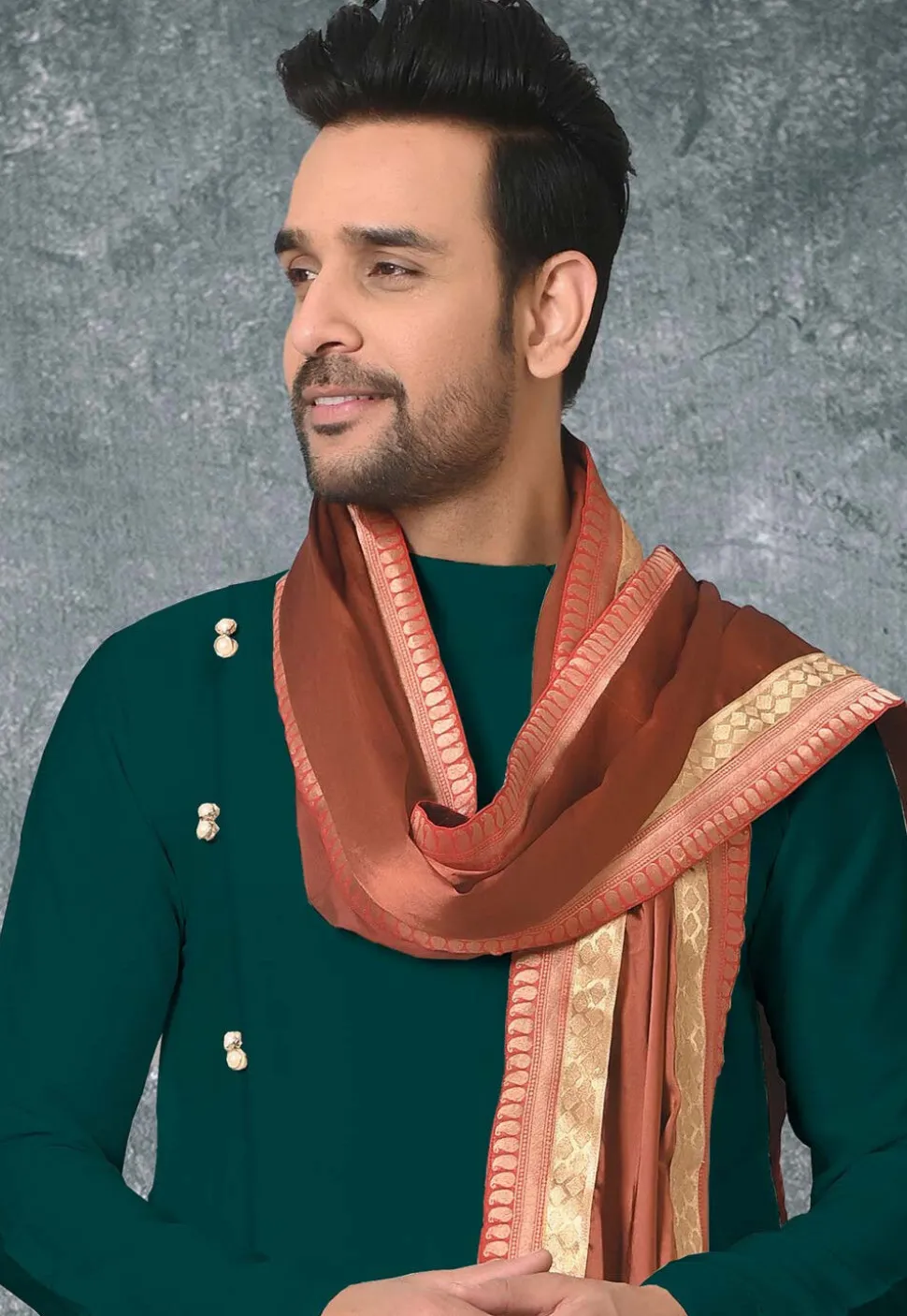 Solid Color Cotton Silk Side Slit Asymmetric Kurta in Dark Green