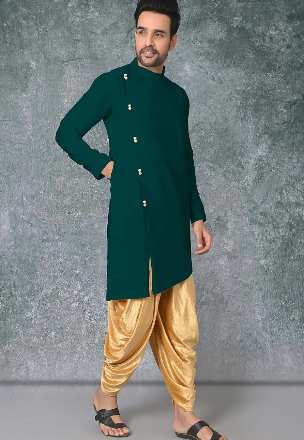 Solid Color Cotton Silk Side Slit Asymmetric Kurta in Dark Green