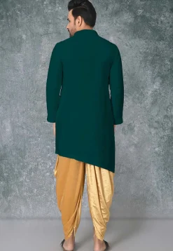 Solid Color Cotton Silk Side Slit Asymmetric Kurta in Dark Green