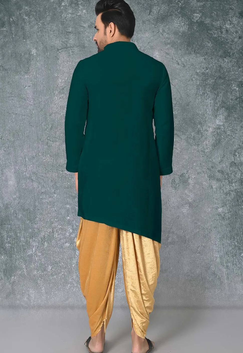 Solid Color Cotton Silk Side Slit Asymmetric Kurta in Dark Green