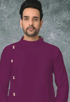 Solid Color Cotton Silk Side Slit Asymmetric Kurta in Magenta