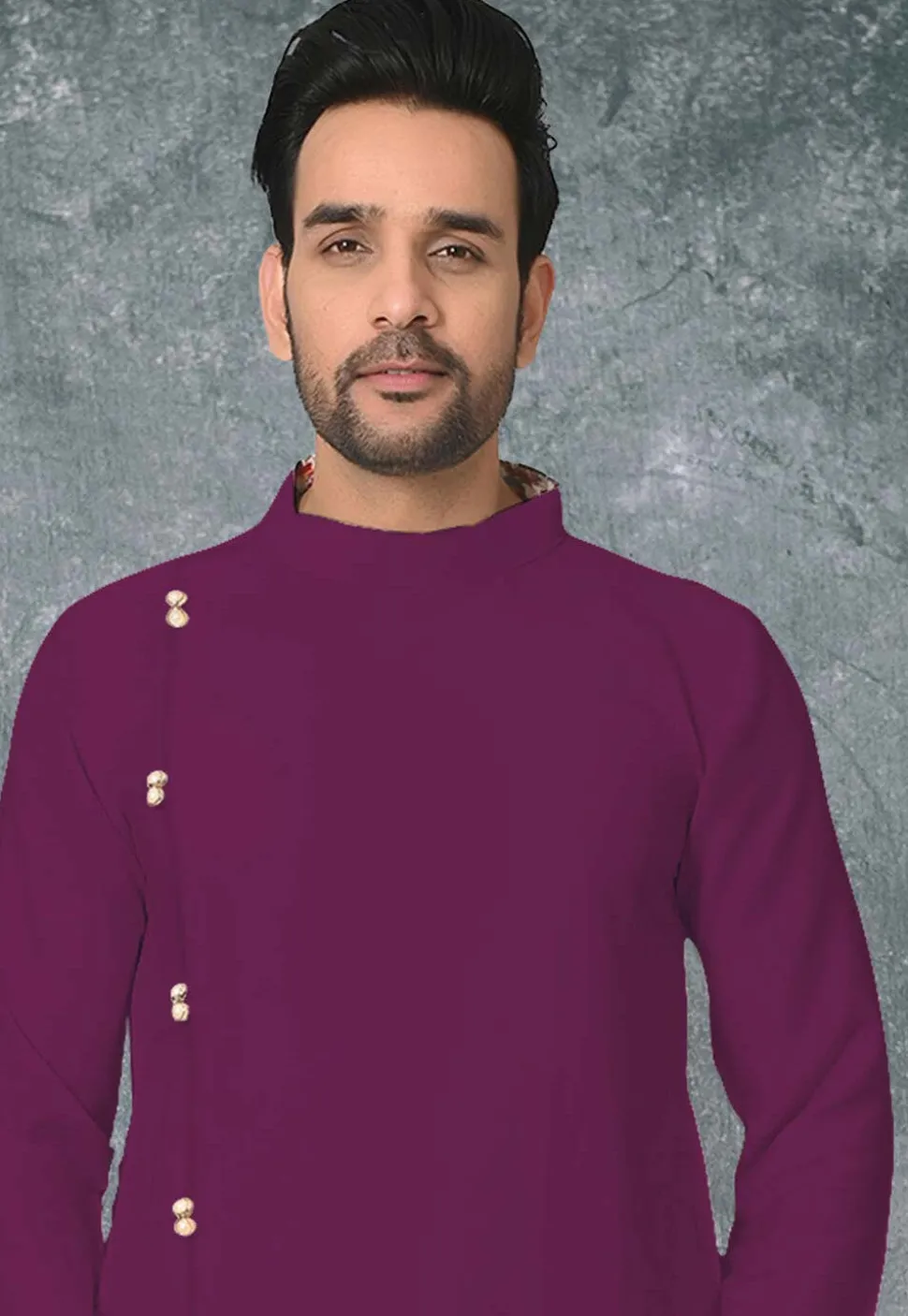 Solid Color Cotton Silk Side Slit Asymmetric Kurta in Magenta
