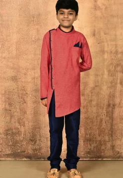 Solid Color Cotton Slub Asymmetric Kurta Set in Red