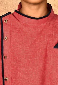 Solid Color Cotton Slub Asymmetric Kurta Set in Red