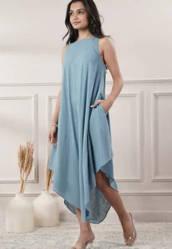 Solid Color Cotton Slub Asymmetric Dress in Light Blue
