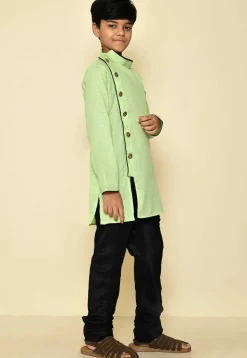 Solid Color Cotton Slub Asymmetric Kurta Set in Light Green