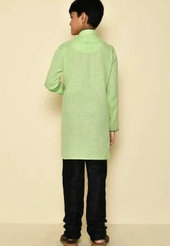 Solid Color Cotton Slub Asymmetric Kurta Set in Light Green