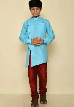 Solid Color Cotton Slub Asymmetric Kurta Set in Sky Blue