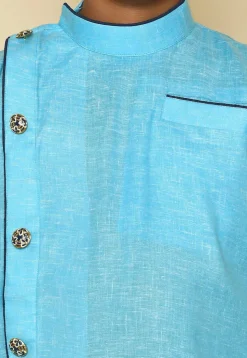 Solid Color Cotton Slub Asymmetric Kurta Set in Sky Blue