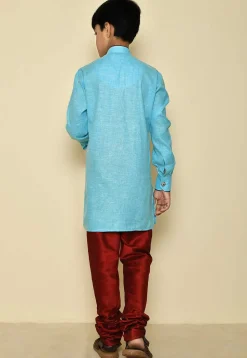 Solid Color Cotton Slub Asymmetric Kurta Set in Sky Blue