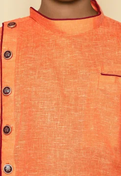 Solid Color Cotton Slub Asymmetric Kurta Set in Orange