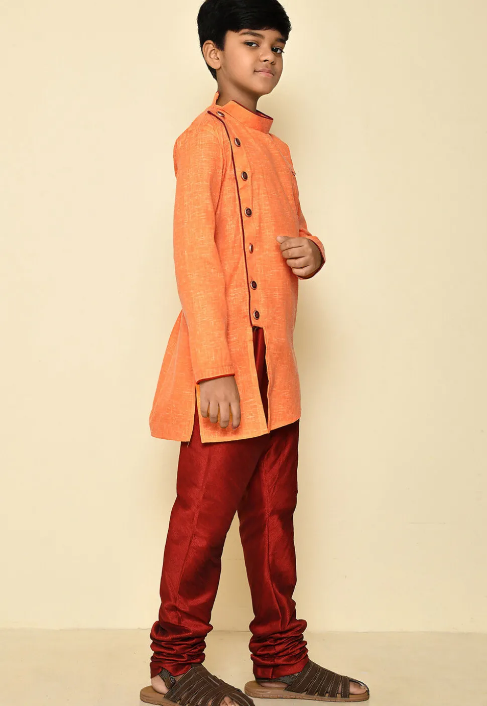 Solid Color Cotton Slub Asymmetric Kurta Set in Orange
