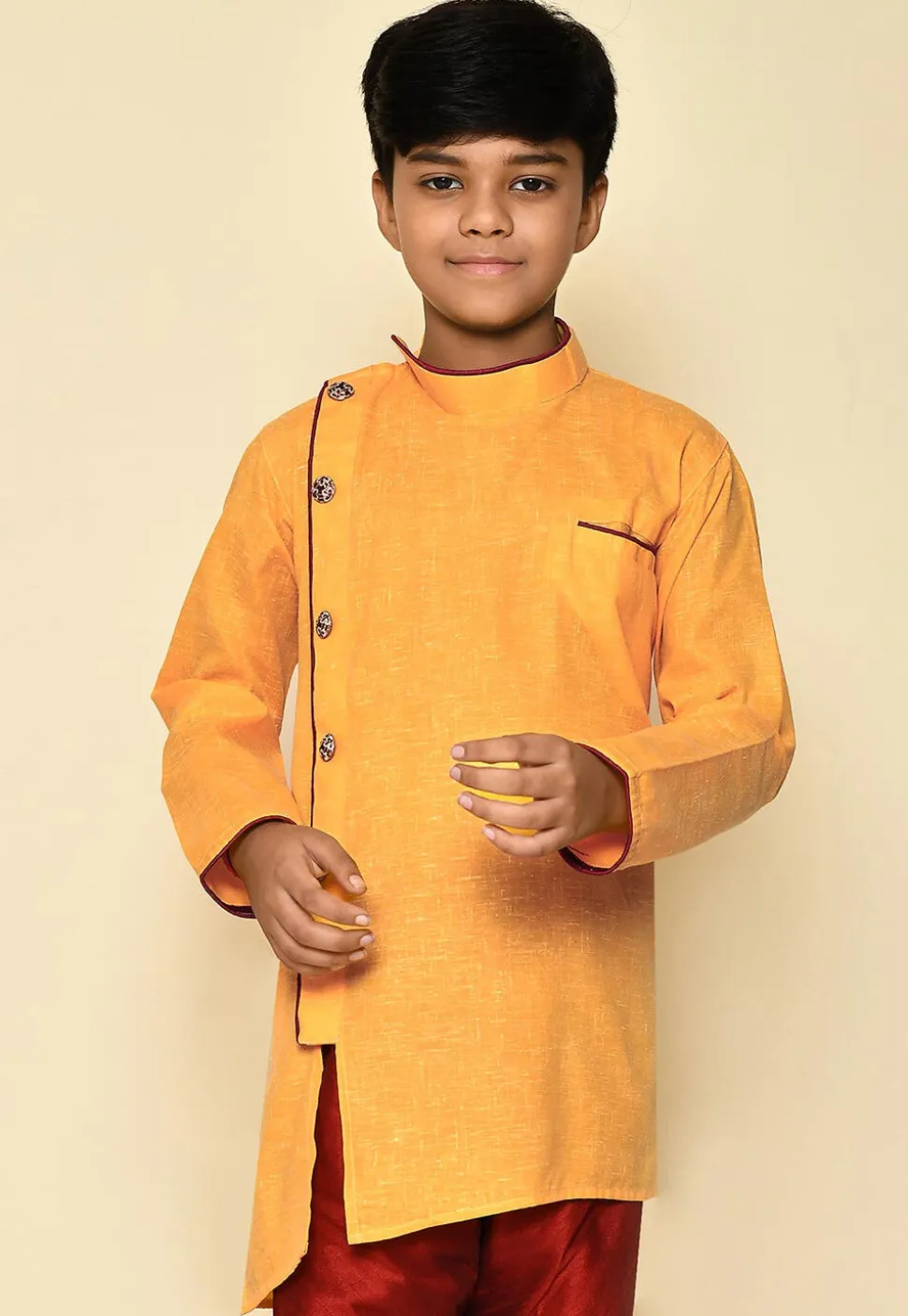 Solid Color Cotton Slub Asymmetric Sherwani Set in Mustard