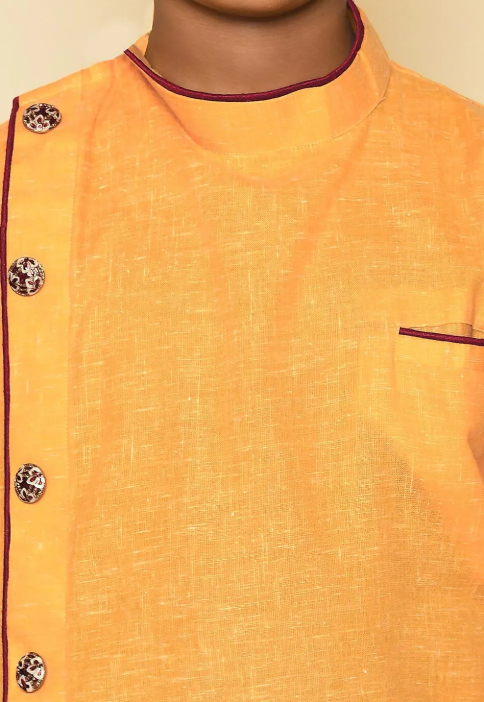 Solid Color Cotton Slub Asymmetric Sherwani Set in Mustard