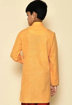 Solid Color Cotton Slub Asymmetric Sherwani Set in Mustard