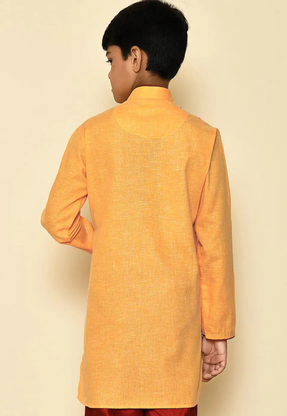 Solid Color Cotton Slub Asymmetric Sherwani Set in Mustard