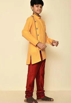 Solid Color Cotton Slub Asymmetric Sherwani Set in Mustard