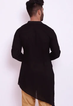 Solid Color Cotton Slub Asymmetric Kurta in Black
