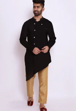 Solid Color Cotton Slub Asymmetric Kurta in Black