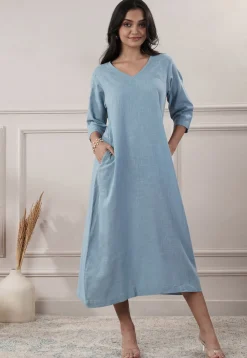 Solid Color Cotton Slub A Line Dress in Light Blue