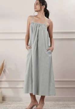 Solid Color Cotton Slub A Line Dress in Grey