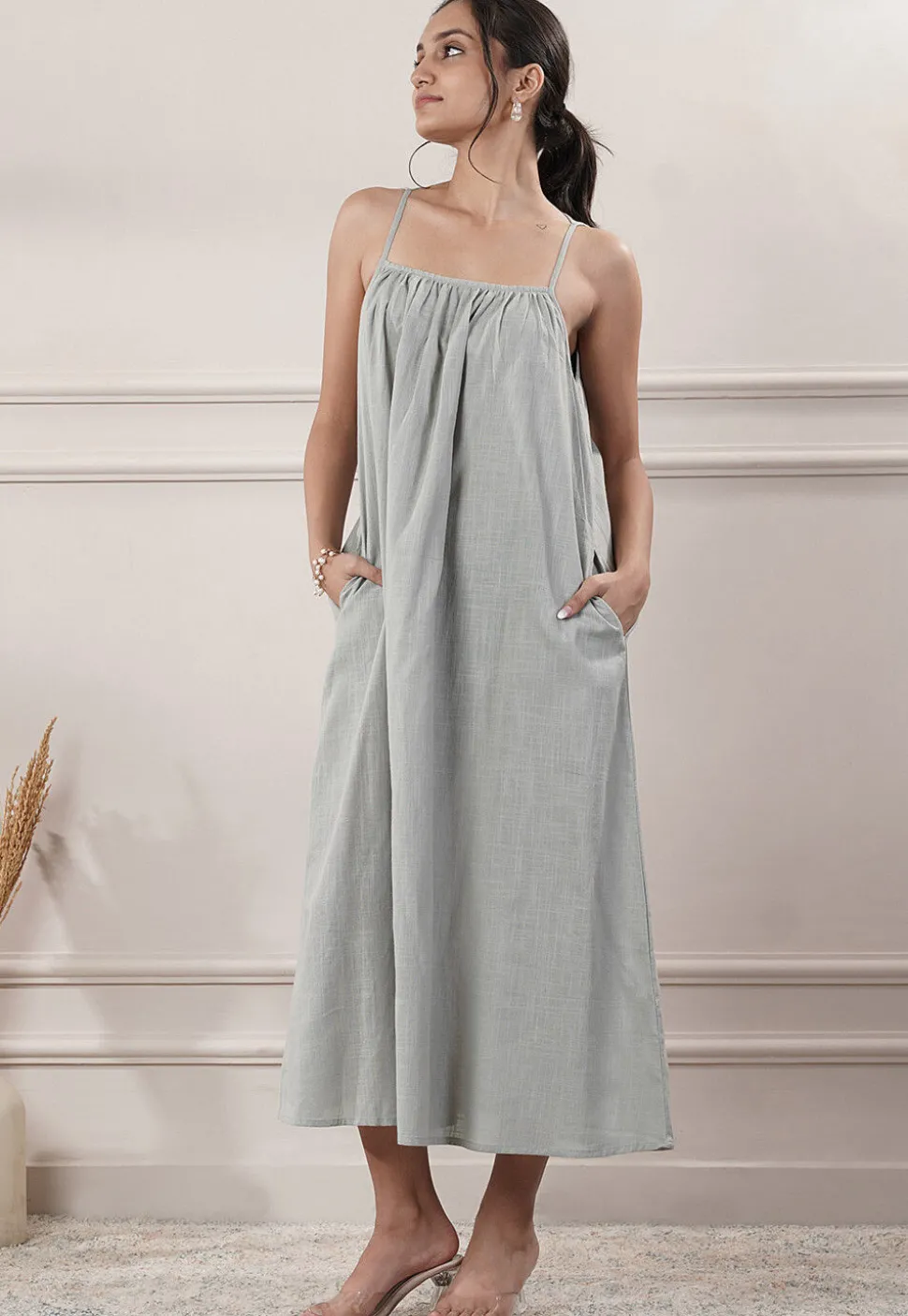 Solid Color Cotton Slub A Line Dress in Grey