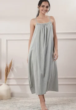 Solid Color Cotton Slub A Line Dress in Grey