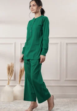 Solid Color Cotton Slub Co-Ord Set in Green