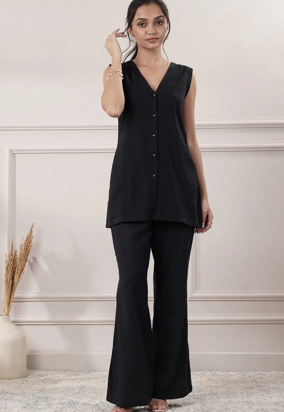 Solid Color Cotton Slub Co-Ord Set in Black