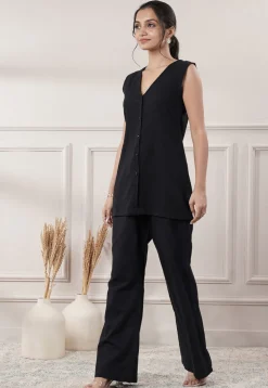 Solid Color Cotton Slub Co-Ord Set in Black