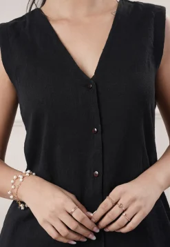 Solid Color Cotton Slub Co-Ord Set in Black