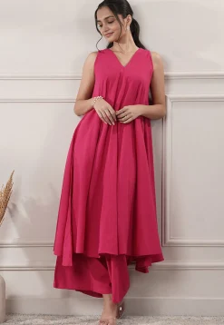 Solid Color Cotton Slub Co-Ord Set in Fuchsia