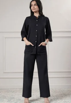 Solid Color Cotton Slub Co-Ord Set in Black