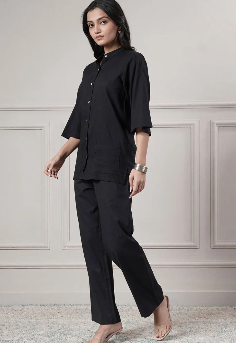 Solid Color Cotton Slub Co-Ord Set in Black