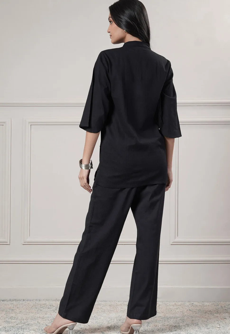 Solid Color Cotton Slub Co-Ord Set in Black