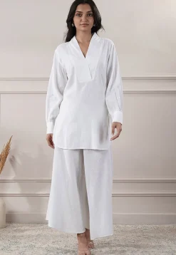 Solid Color Cotton Slub Co-Ord Set in Off White