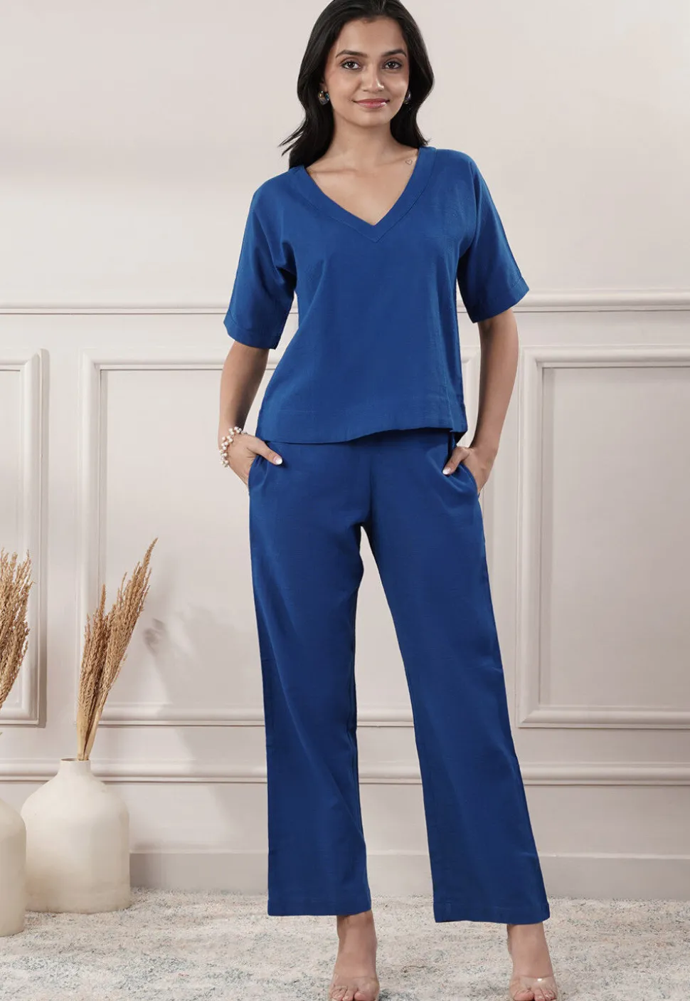 Solid Color Cotton Slub Co-Ord Set in Blue